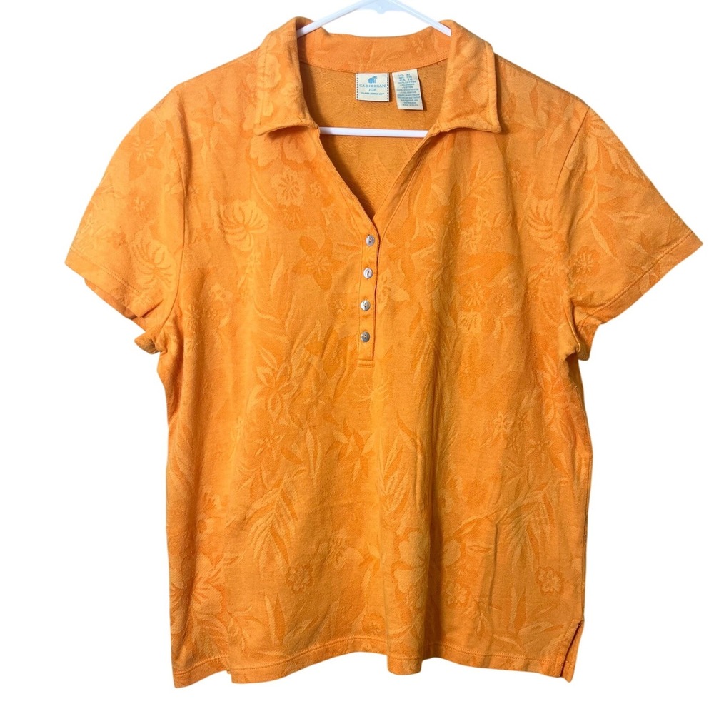 Caribbean Joe Orange Tropical Floral Jacquard Polo Shirt XL Coastal Vacation Tee